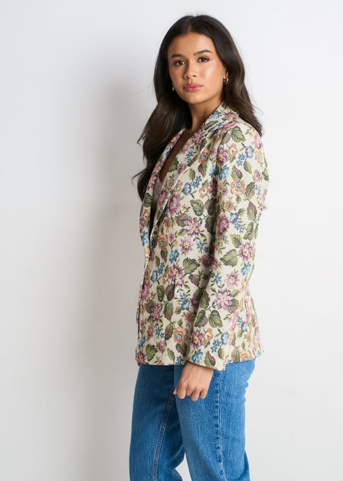 Beige Floral Jacquard Tailored Jacket - Image 3