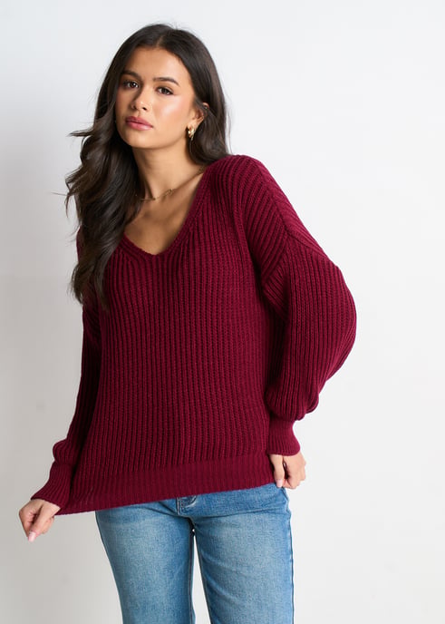 Burgunderfarbener Grobstrick-Pullover in Übergröße - Image 3