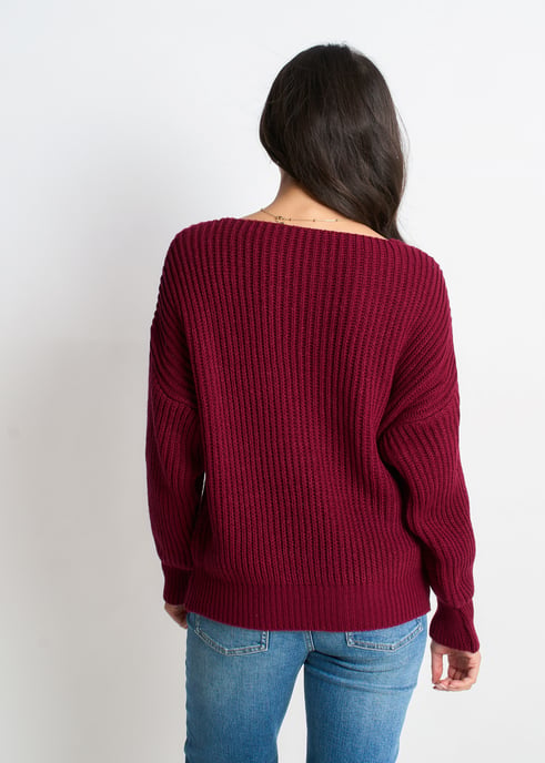 Burgunderfarbener Grobstrick-Pullover in Übergröße - Image 4