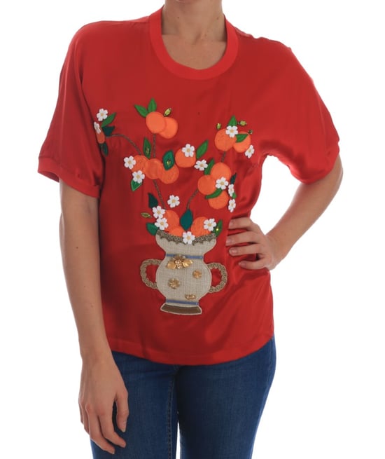 Dolce & Gabbana Women's Red Silk Oranges Floral Crystal Blouse - Image 1