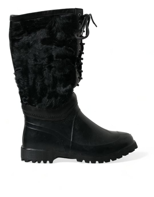 Dolce & Gabbana Schwarze Gummi Schnürstiefel mit Lammfell für Regen - Image 1