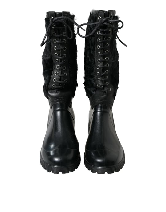 Dolce & Gabbana Schwarze Gummi Schnürstiefel mit Lammfell für Regen - Image 2