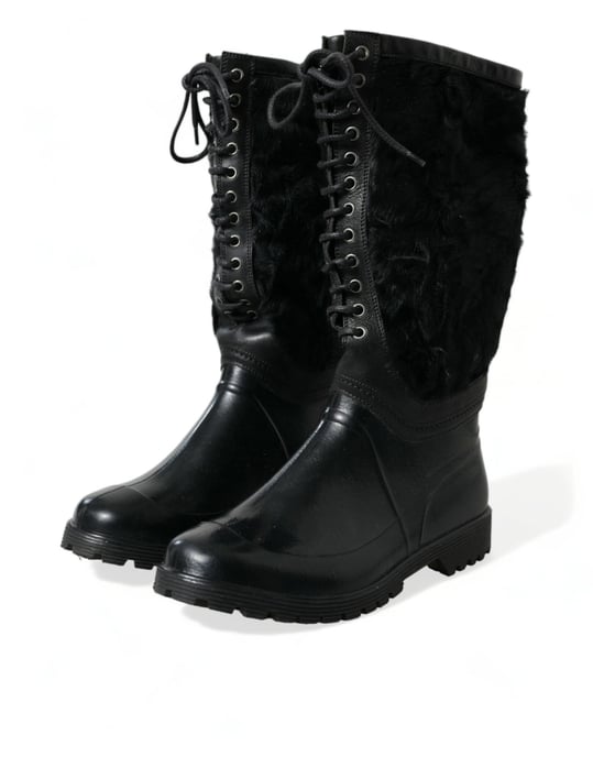 Dolce & Gabbana Schwarze Gummi Schnürstiefel mit Lammfell für Regen - Image 3