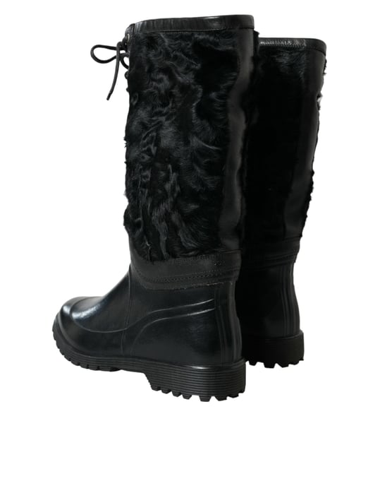Dolce & Gabbana Schwarze Gummi Schnürstiefel mit Lammfell für Regen - Image 4
