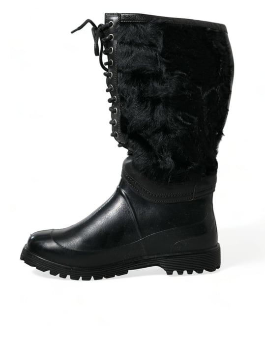 Dolce & Gabbana Schwarze Gummi Schnürstiefel mit Lammfell für Regen - Image 5