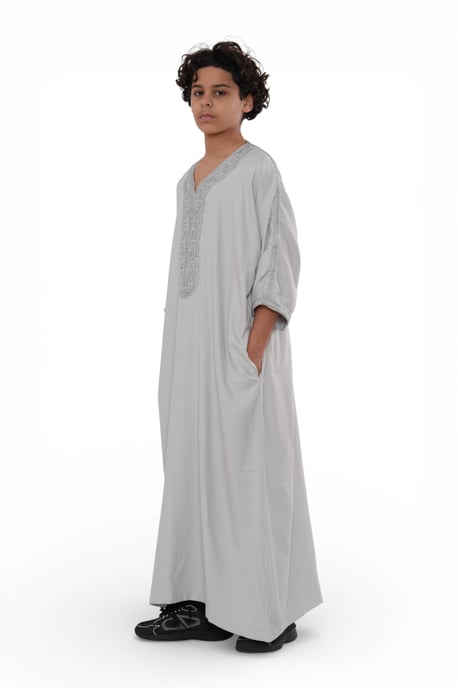 Graue marokkanische Thobe-Robe für Kinder, Jungen, Eid Djellaba, Gandoura Jubba, K-HM65 - Image 3