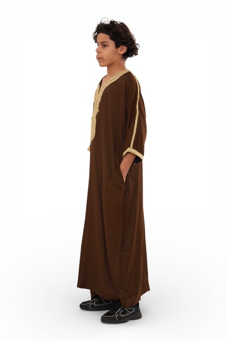 Kinder Jungen Ramadan braun marokkanische Thobe Robe Djellaba Gandoura Eid Jubba- K-HM67 - Image 3