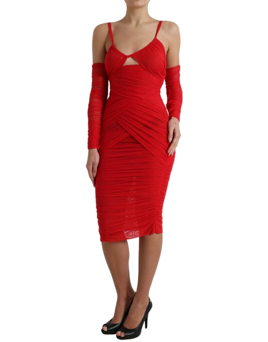 Rüschendes Mesh-Midi-Kleid Rotes Langarmkleid - Image 2