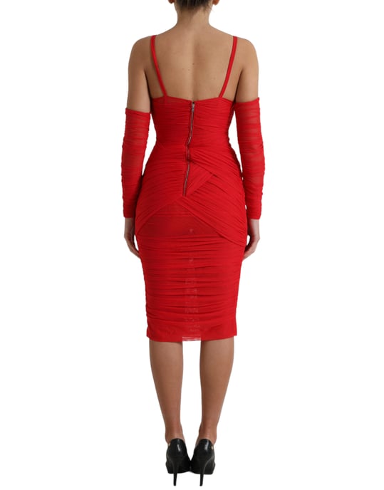 Rüschendes Mesh-Midi-Kleid Rotes Langarmkleid - Image 3