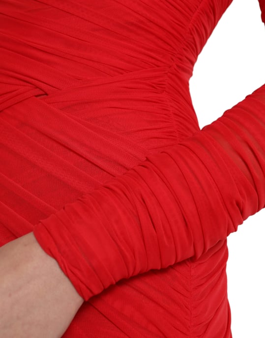 Rüschendes Mesh-Midi-Kleid Rotes Langarmkleid - Image 5