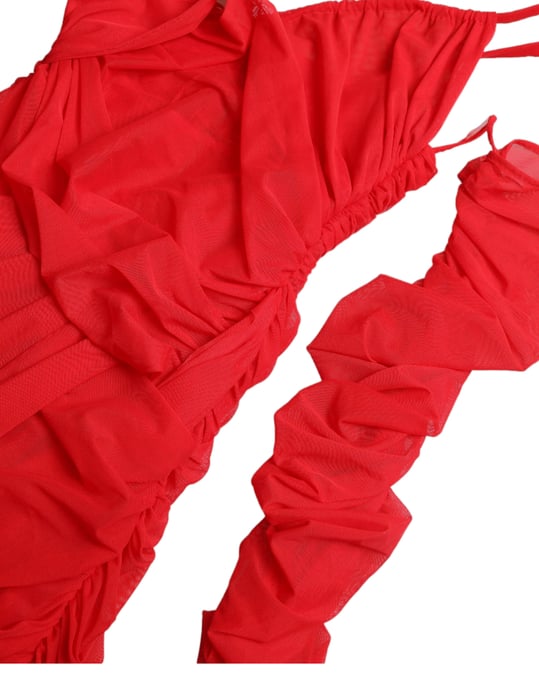 Rüschendes Mesh-Midi-Kleid Rotes Langarmkleid - Image 6