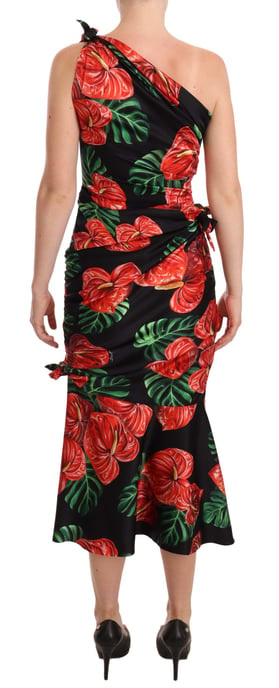 Blumiges Ein-Schulter-Midi-Kleid mit ausgestelltem Saum - Image 3