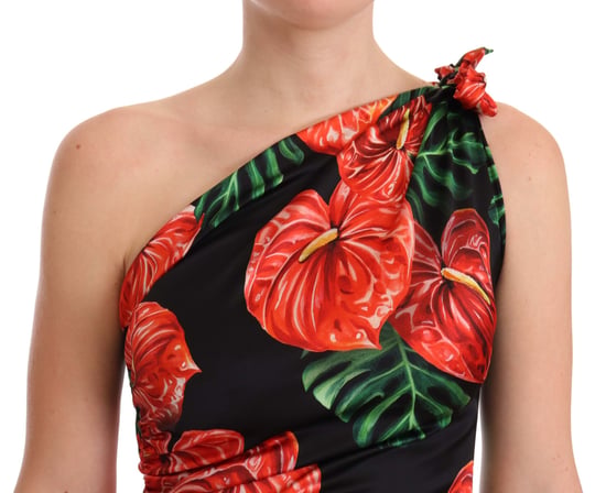 Blumiges Ein-Schulter-Midi-Kleid mit ausgestelltem Saum - Image 4