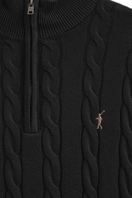 Strickpullover schwarz mit Zopfmuster aus Wollgemisch mit halbem Reißverschluss und gesticktem Rigby Go-Logo - Image 3