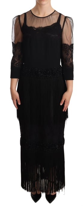 Dolce Gabbana Midikleid 34 Ärmel Spitze Fransen - Image 1
