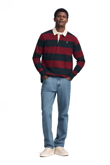Poloshirt marineblau und granatrot gestreift mit langen Ärmeln und gesticktem Rigby Go-Logo - Image 2