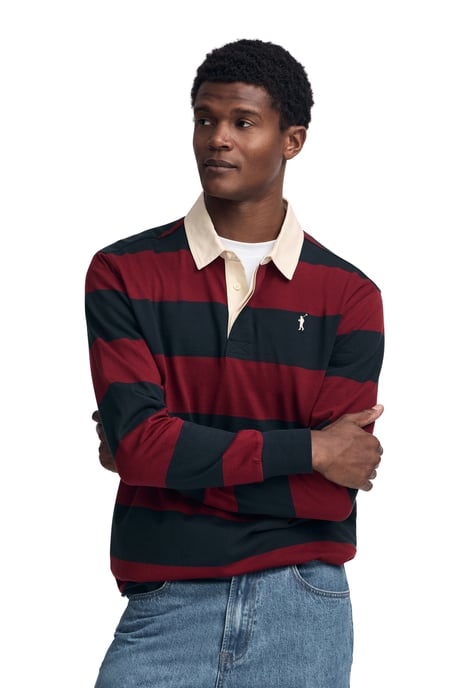 Poloshirt marineblau und granatrot gestreift mit langen Ärmeln und gesticktem Rigby Go-Logo - Image 3