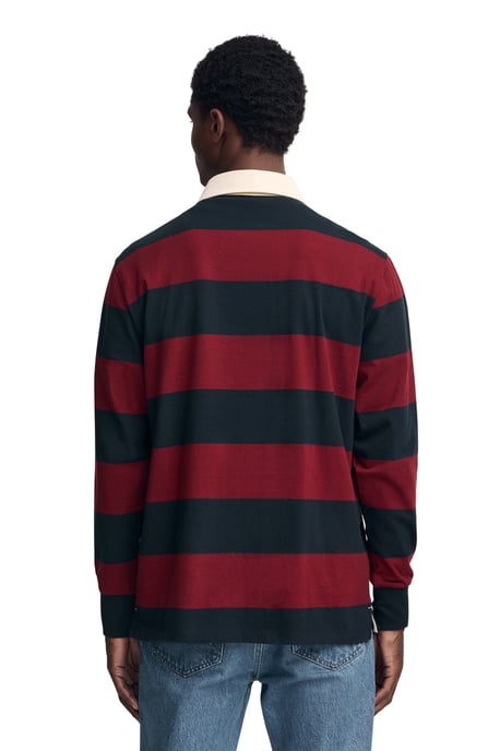 Poloshirt marineblau und granatrot gestreift mit langen Ärmeln und gesticktem Rigby Go-Logo - Image 4