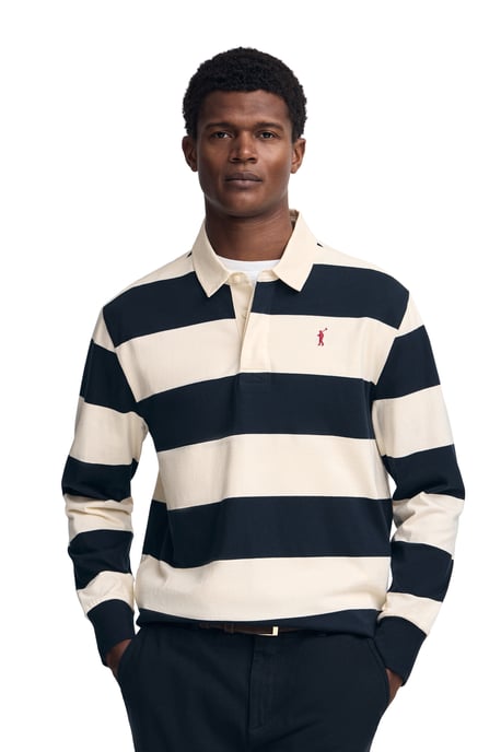 Poloshirt marineblau und ecru gestreift mit langen Ärmeln und gesticktem Rigby Go-Logo - Image 3