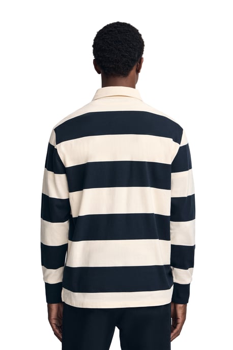 Poloshirt marineblau und ecru gestreift mit langen Ärmeln und gesticktem Rigby Go-Logo - Image 4