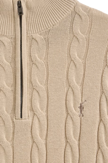 Strickpullover beige mit Zopfmuster aus Wollgemisch mit halbem Reißverschluss und gesticktem Rigby Go-Logo - Image 3