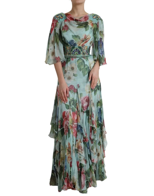 Blumenmuster Seidenchiffon Abendkleid Lang - Image 1