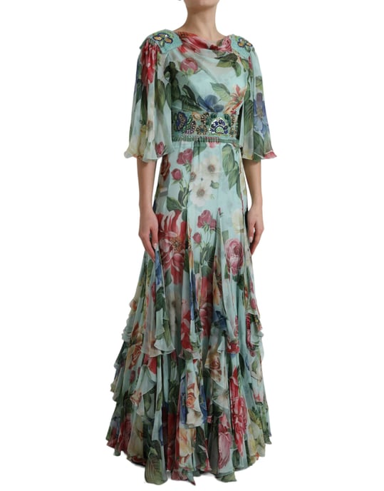 Blumenmuster Seidenchiffon Abendkleid Lang - Image 2