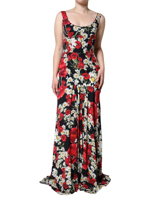 Blumen-Seiden-Maxi-Kleid Ärmellos Rundhalsausschnitt Abendkleid - Image 2