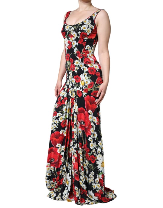Blumen-Seiden-Maxi-Kleid Ärmellos Rundhalsausschnitt Abendkleid - Image 3