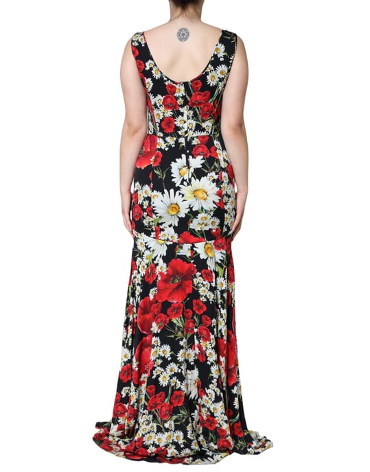 Blumen-Seiden-Maxi-Kleid Ärmellos Rundhalsausschnitt Abendkleid - Image 4