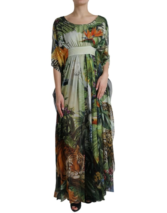 Bedrucktes Seiden-Kaftan-Kleid mit Dschungelmotiv Maxi-Kleid - Image 1