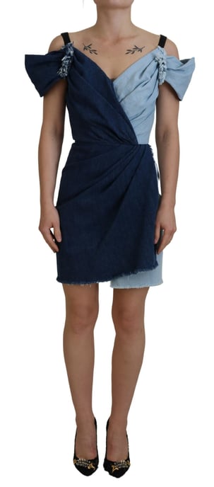 Denim Mini Kleid Zweifarbiger Wickelstil - Image 1