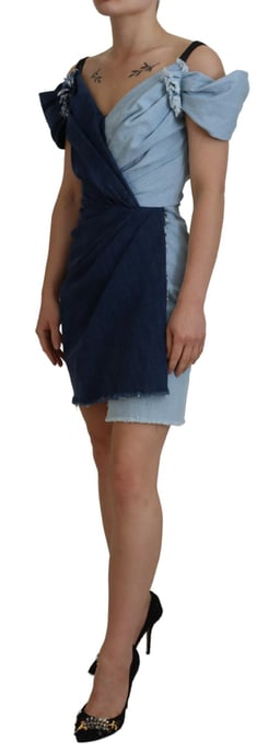 Denim Mini Kleid Zweifarbiger Wickelstil - Image 2