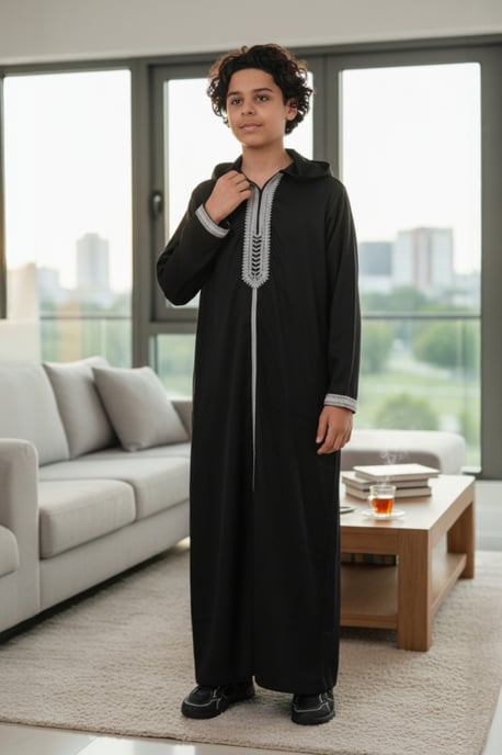 Kinder Jungen Schwarz Eid Kapuze Marokkanischer Thobe Robe Djellaba Ramadan Jubba LFS- K-HM3 - Image 1