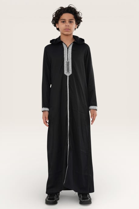 Kinder Jungen Schwarz Eid Kapuze Marokkanischer Thobe Robe Djellaba Ramadan Jubba LFS- K-HM3 - Image 2
