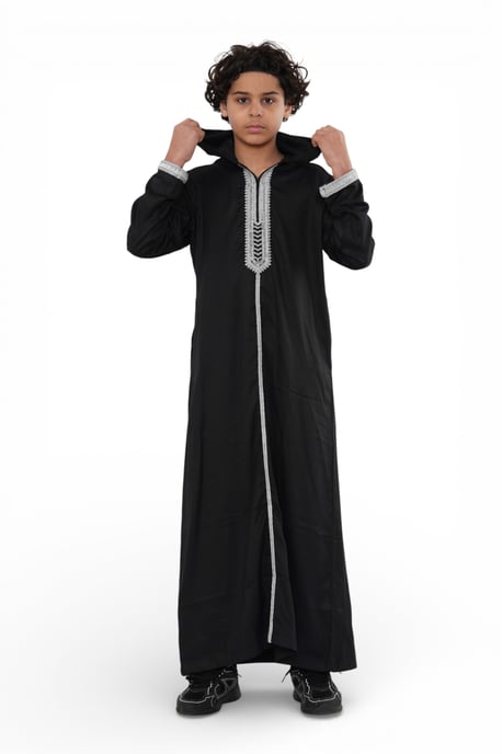 Kinder Jungen Schwarz Eid Kapuze Marokkanischer Thobe Robe Djellaba Ramadan Jubba LFS- K-HM3 - Image 4