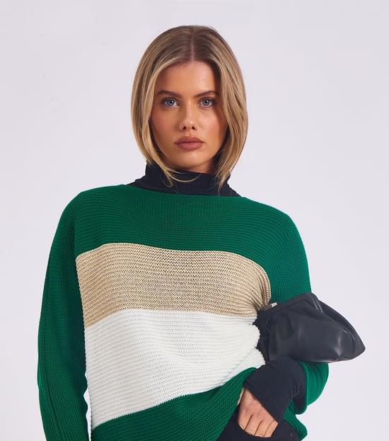 Gestreifter Strickpullover mit Schlitzausschnitt in Übergröße - Image 2