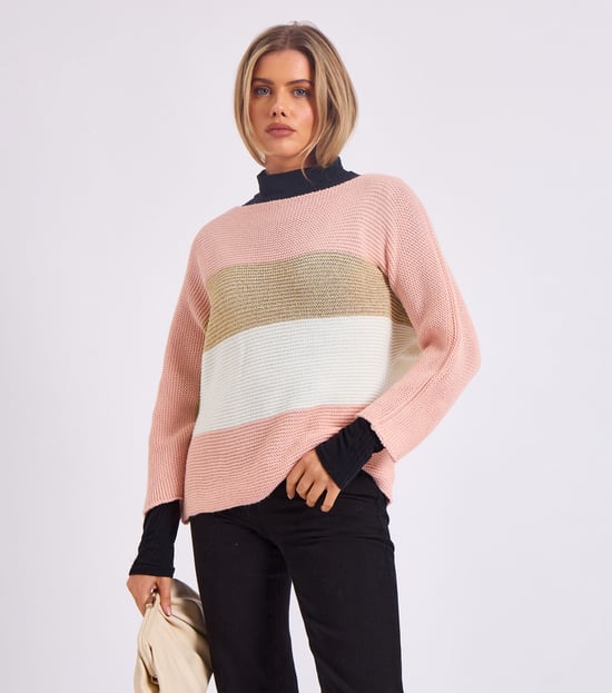 Gestreifter Strickpullover mit Schlitzausschnitt in Übergröße - Image 1