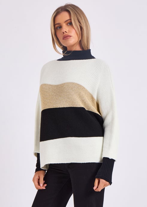 Gestreifter Strickpullover mit Schlitzausschnitt in Übergröße - Image 1