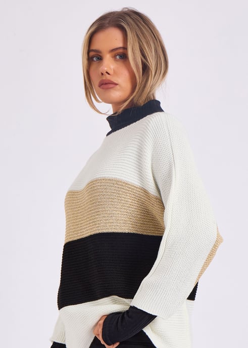 Gestreifter Strickpullover mit Schlitzausschnitt in Übergröße - Image 3