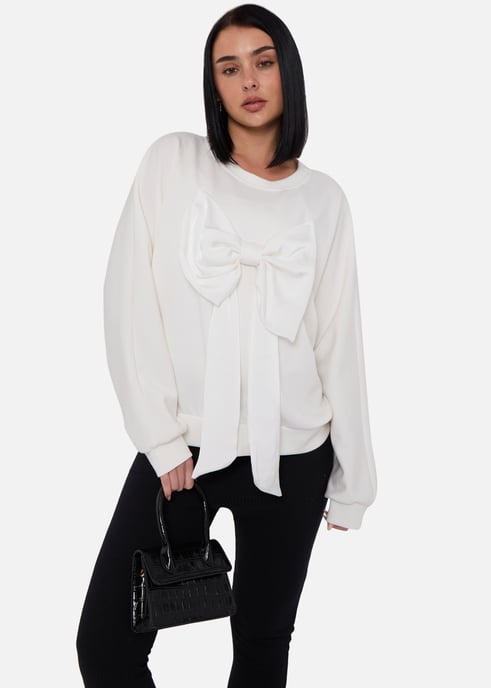 Cremefarbener übergroßer Pullover mit Schleife vorne - Image 3