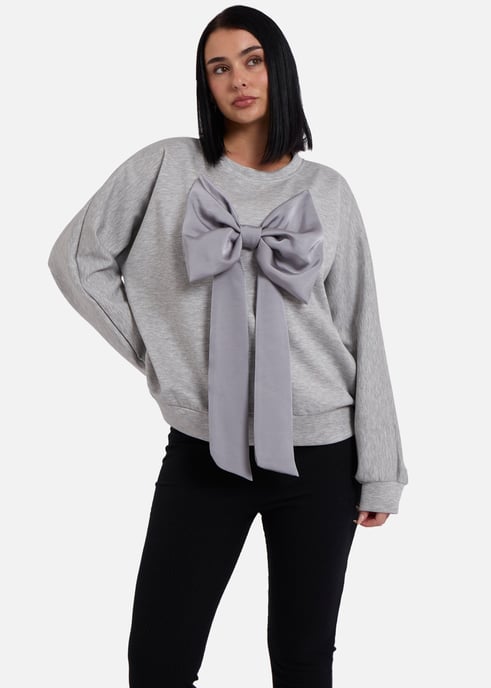 Graue Schleife vorne übergroßes Pullover-Top - Image 1