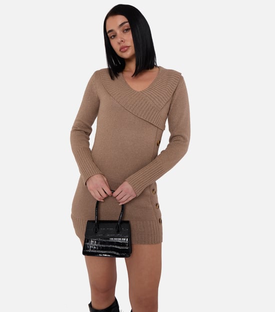 Kamelfarbenes Wickelstrick-Knopf-Detail Mini-Pullover-Kleid - Image 2