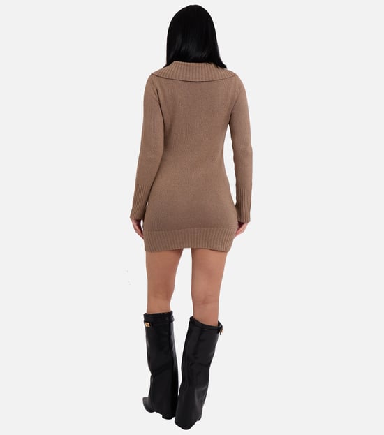 Kamelfarbenes Wickelstrick-Knopf-Detail Mini-Pullover-Kleid - Image 4