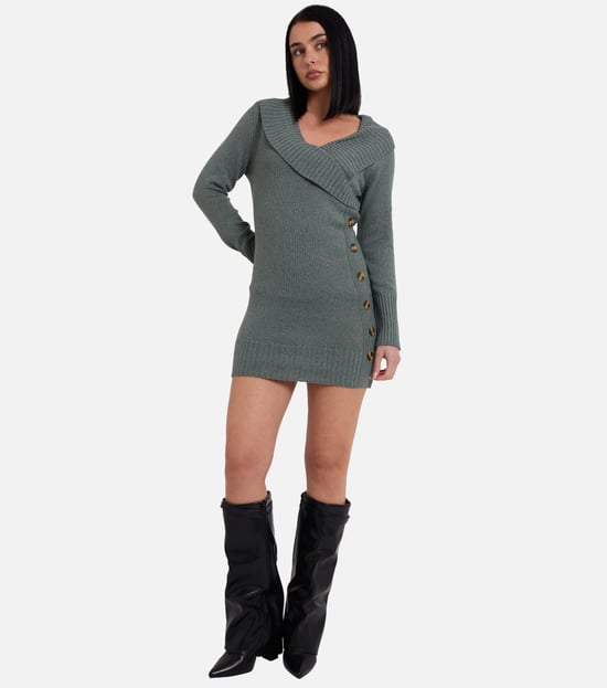 Salbeigrünes Wickelstrick-Knopf-Detail Mini-Pullover-Kleid - Image 3