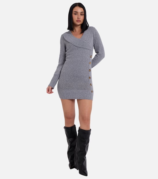Graues Wickelstrick-Mini-Pullover-Kleid mit Knopfleiste - Image 1