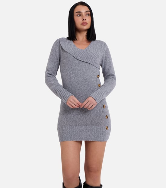 Graues Wickelstrick-Mini-Pullover-Kleid mit Knopfleiste - Image 2
