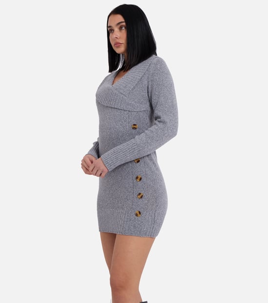 Graues Wickelstrick-Mini-Pullover-Kleid mit Knopfleiste - Image 3