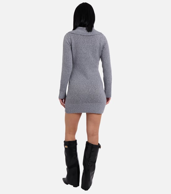 Graues Wickelstrick-Mini-Pullover-Kleid mit Knopfleiste - Image 4