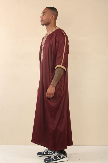 Herren Burgunderrote marokkanische Thobe Jubba Robe Eid Djellaba Gandoura - Image 2